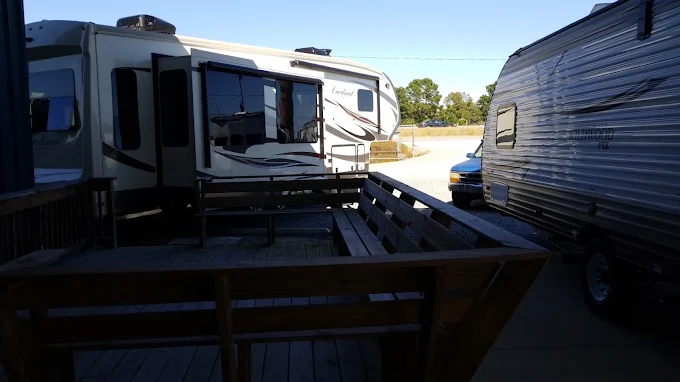 Travel trailers displayed at an RV dealership